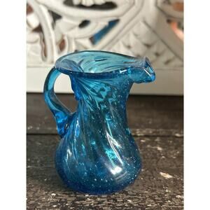 Vintage Hand Blown Blue Creamer Pitcher Ribbed Swirl Glass Handle Fluted Top